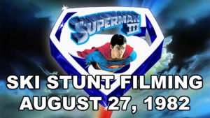 SUPERMAN III- Filming the ski stunt. August 27, 1982. Calgary, Alberta, Canada.